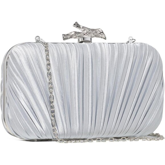 Women's Evening Formal Leather Shoulder Clutch Chain Strap Silver Satin Bag - Picture 2 of 6